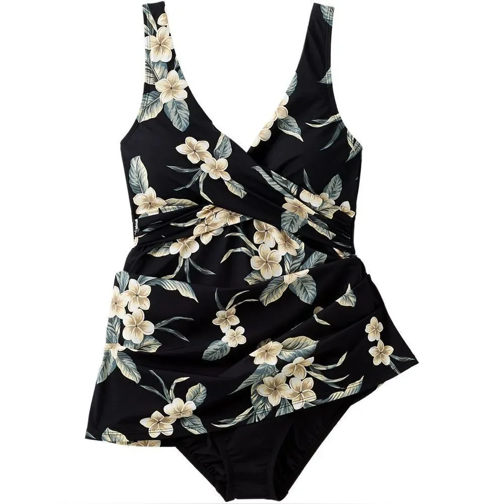 Land's End Slender Suit Swim Dress 1 Piece black plumeria floral Various sizes